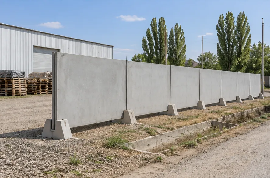 Гладкие железобетонные панели в отдельных опорах у склада с канавой за линией ограждения